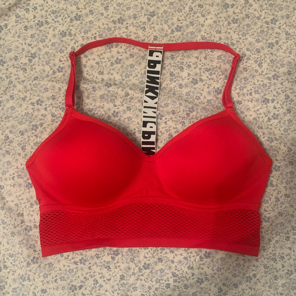 red victoria’s secret pink racerback sports bra